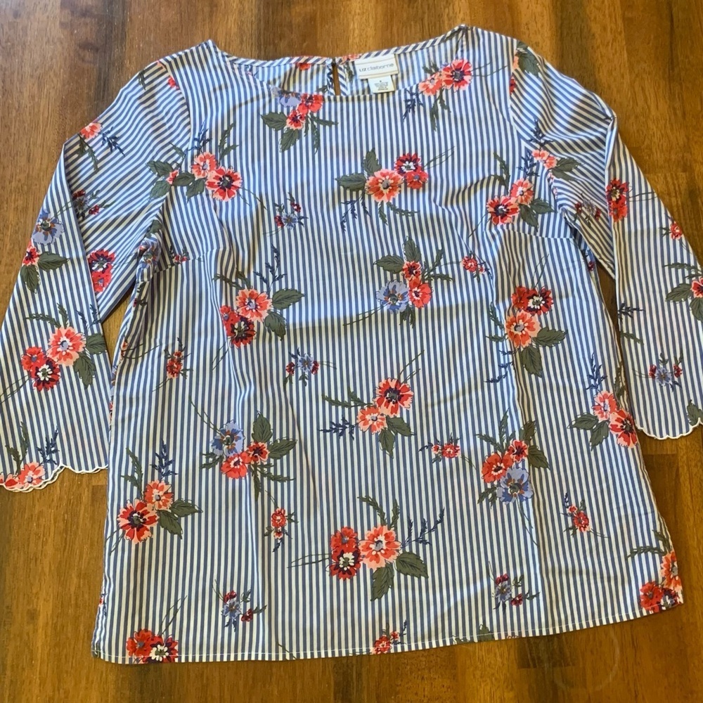 Liz Claiborne Blouse Small Blue White Stripes Red Pink Floral Relaxed 3/4 Sleeve